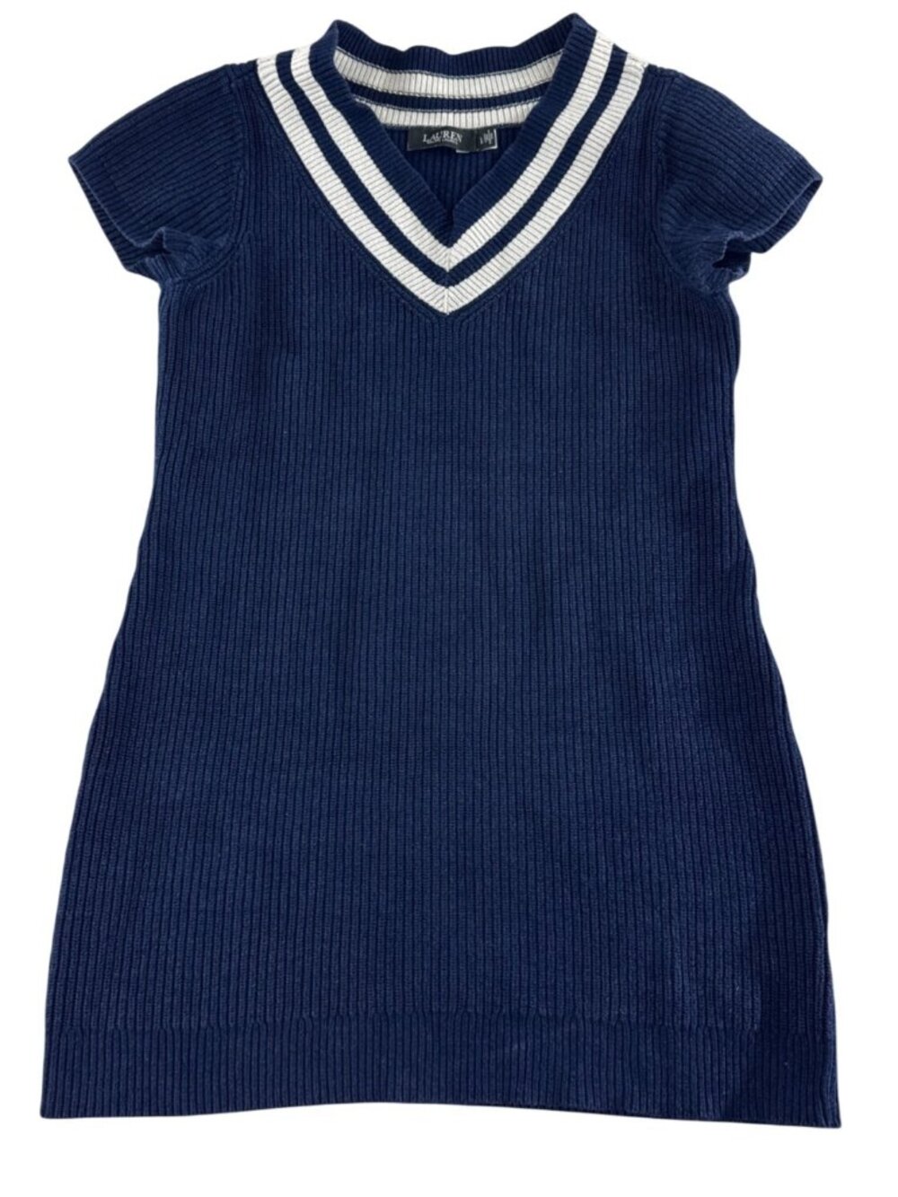 Lauren Ralph Lauren Cricket Sweater Dress Navy Blue White Striped V Neck Large